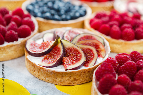 Closeup of fig tart dessert tray assorted