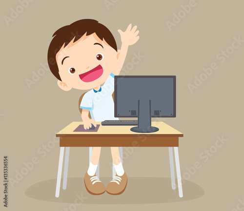 student boy  learning computer hand up