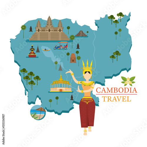 Cambodia Map and Landmarks with Apsara Dancer, Culture, Travel and Tourist Attraction