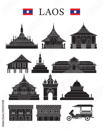 Laos Landmarks and Culture Object Set, Design Elements, Black and White, Line and Silhouette