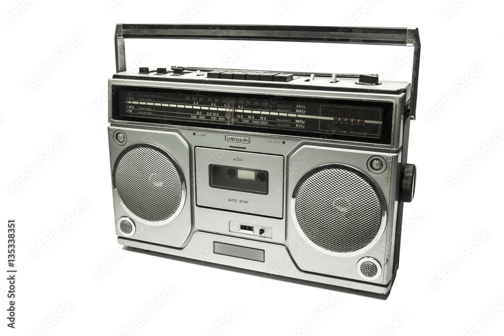 Retro cassette tape recorder on white background