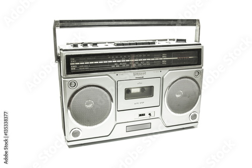 Retro cassette tape recorder on white background