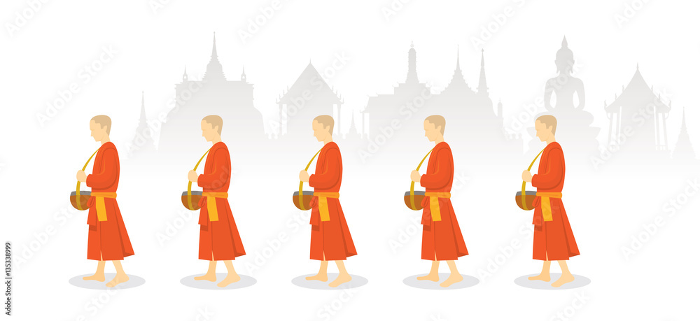 Naklejka premium A Row of Buddhist Monks on Alms Round, Thailand Background, Traditional Culture and Travel Attraction