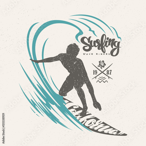 Surfer and big wave. T-shirt design