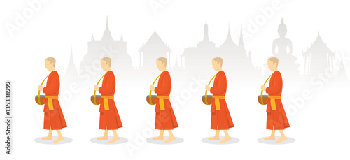 A Row of Buddhist Monks on Alms Round, Thailand Background, Traditional Culture and Travel Attraction