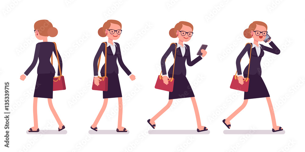 Set of businesswoman in walking poses, rear and front view