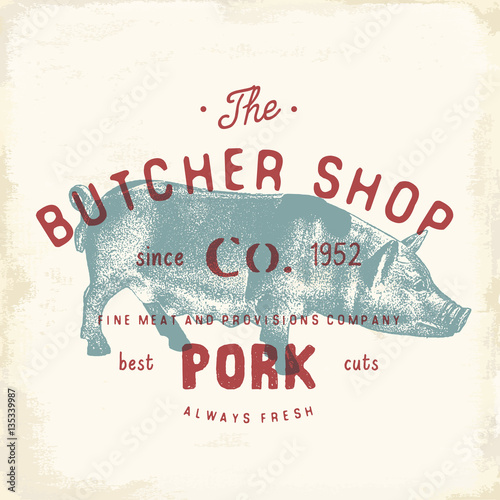 Butcher Shop vintage emblem pork meat products, butchery Logo template retro style. Vintage Design for Logotype, Label, Badge and brand design. vector illustration.