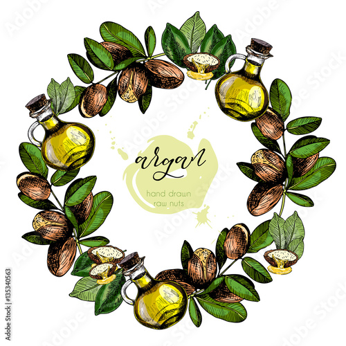 Vector set of hair care ingredients. Organic hand drawn colored elements.Argan nuts and oil wreath.