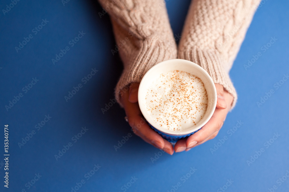 Female hands holding cup of coffee with milk froth and cinnamon on top Female hands holding cup of coffee with milk froth and cinnamon on top
