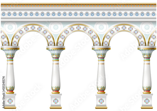 Fabulous ancient arch facade in the east or the ancient Russian style with gold, mosaic, white enamel. Vector graphics