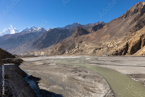 view of the Himalayas and village Jomsom