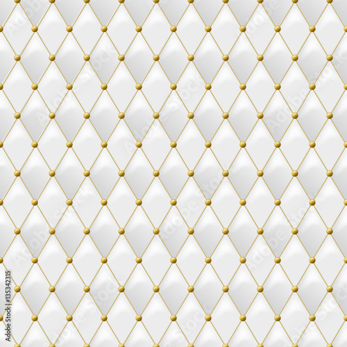 Seamless white leather texture with gold metal details. Vector leather background with golden buttons. Luxury textile design, interior and furniture decoration concept.