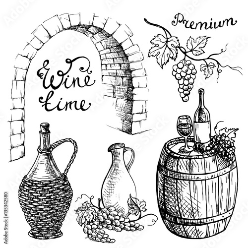 Set of wine bottles and wineglasses and barrel in graphic style hand-drawn vector illustration