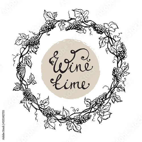 Wreath from grape and leaves in graphic style hand-drawn vector illustration.