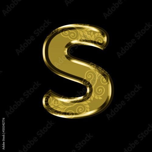 Golden letter S with floral ornament.Isolated on black.