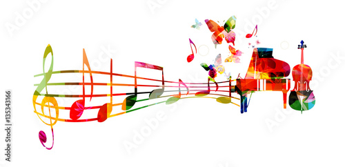 Colorful music background with piano and violoncello vector illustration. Music instruments with music notes