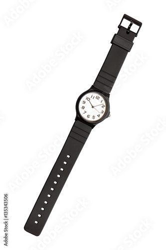 Classic black and white wrist watch on white background, isolated