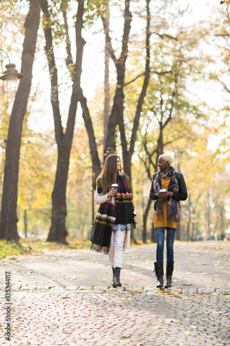 Young multiracial friends walking around autumn park © BGStock72