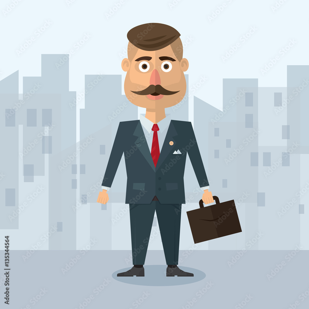 vector illustration of a flat in the style businesman with mustache in gray suit strict business in an urban environment portfolio vector illustration of a flat in the style businesman with mustache in gray suit strict business in an urban environment portfolio