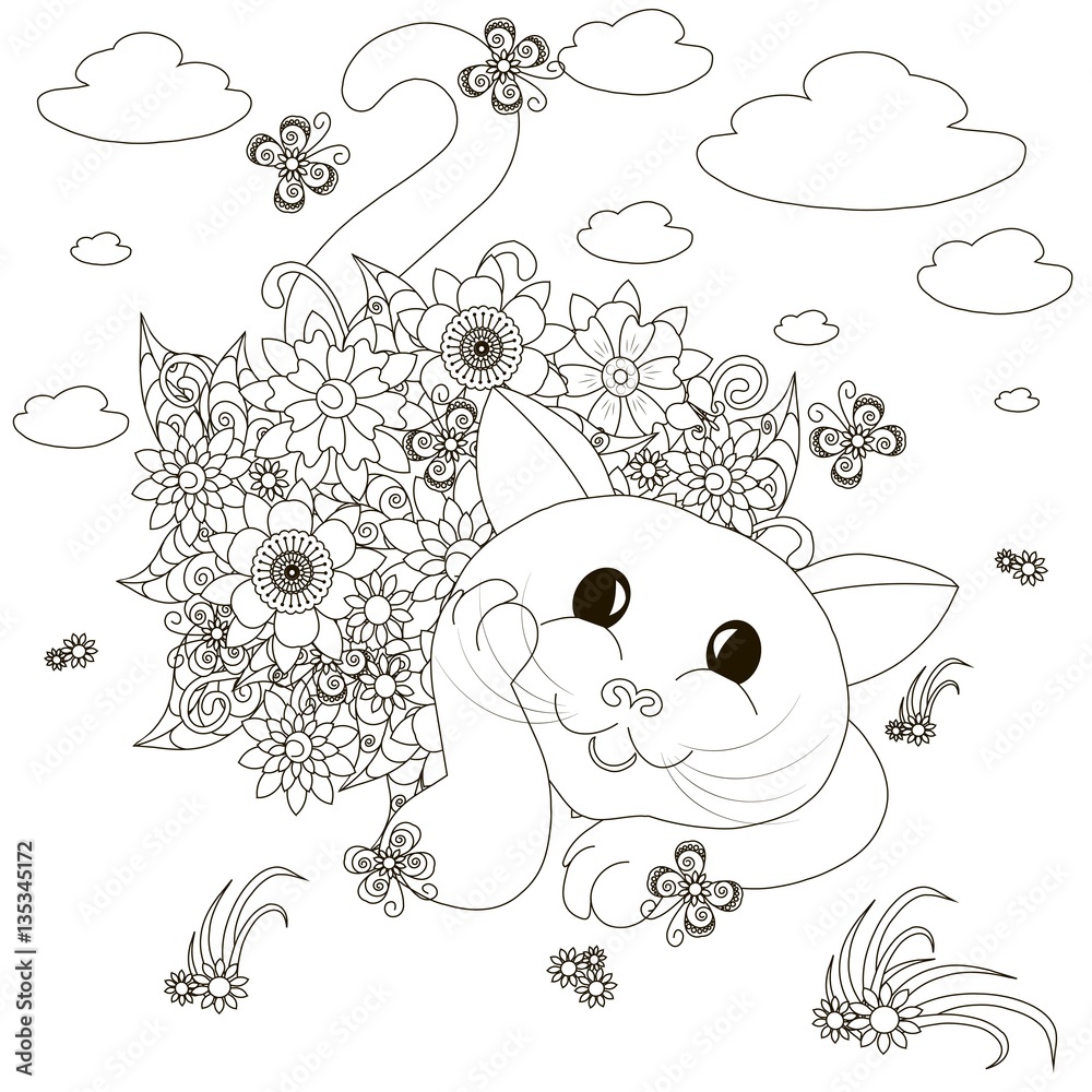Flowers laying cat coloring page anti-stress stock vector illustration ...