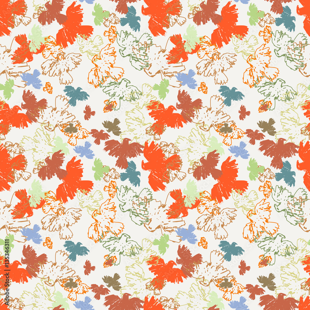 Seamless grunge hipster pattern with birds.