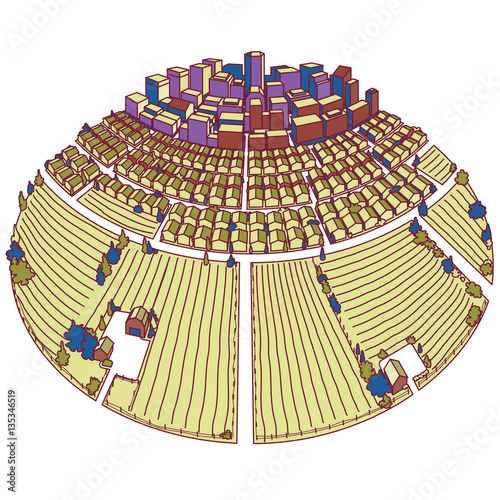A pie chart info graphic featuring a city, suburban homes and neighbourhoods and rural homes, farms and farmland.
