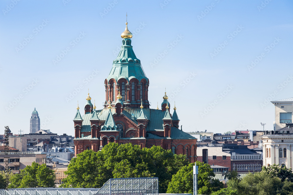 Cityscape of Helsinki, Finland.  Uspenski Cathedral. Rooftops. 