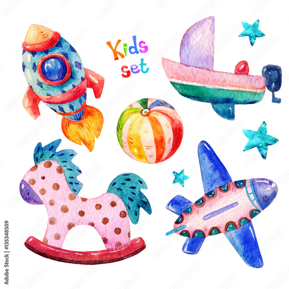 Colorful Watercolor kids set in cartoon childish toys stile of rocket,  aircraft, star, ball, rocking horse, boat image. Hand drawing cute kids set  icons illustration isolated on white background. Stock Illustration |