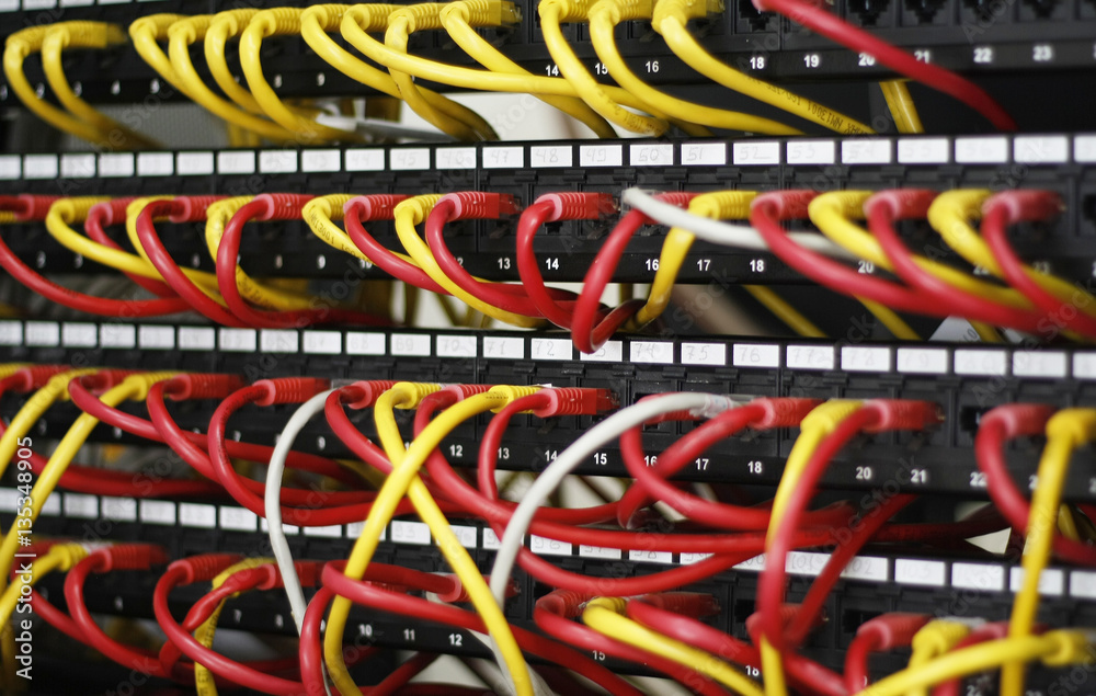 Network panel, switch and cable in data center, ethernet cables, server rack. Network panel, switch and cable in data center, ethernet cables, server rack.