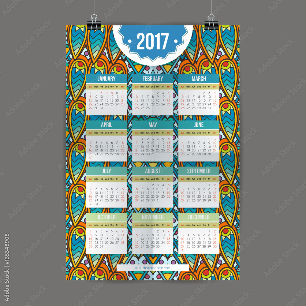 Zentangle colorful calendar 2017 hand painted in the style of floral patterns and doodle.