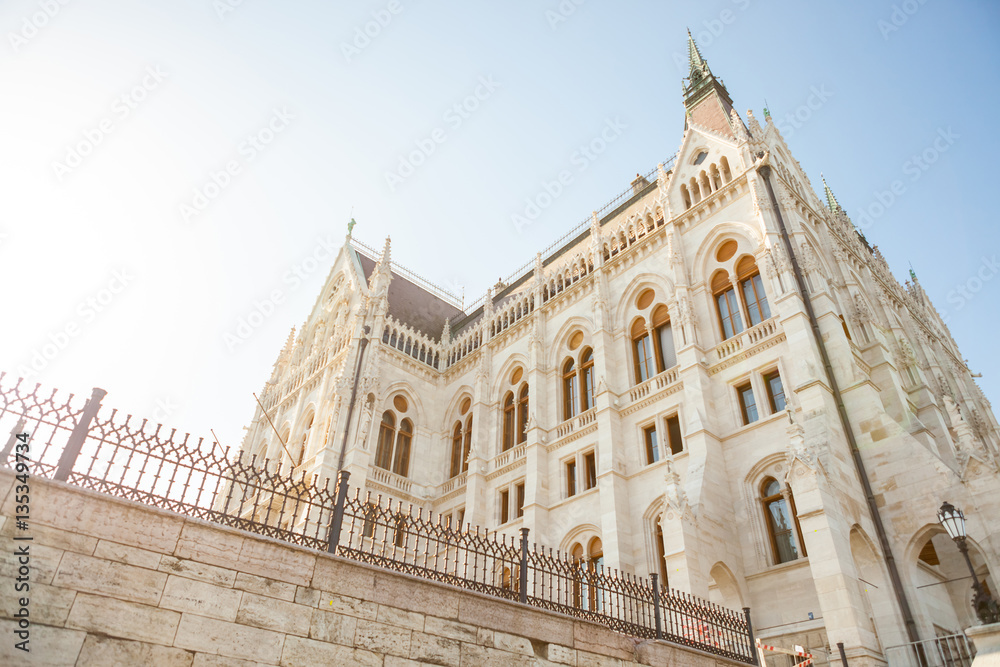 Hungarian National Parliament building viewed from the side of Dunabe river in Budapest, Hungary
