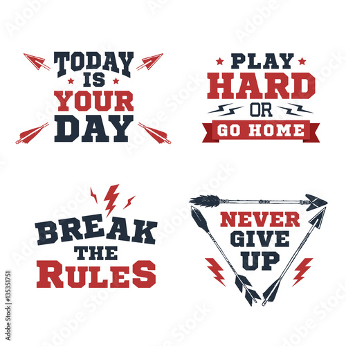 Set of inspirational red and black vector lettering on white background. Sports motivation.