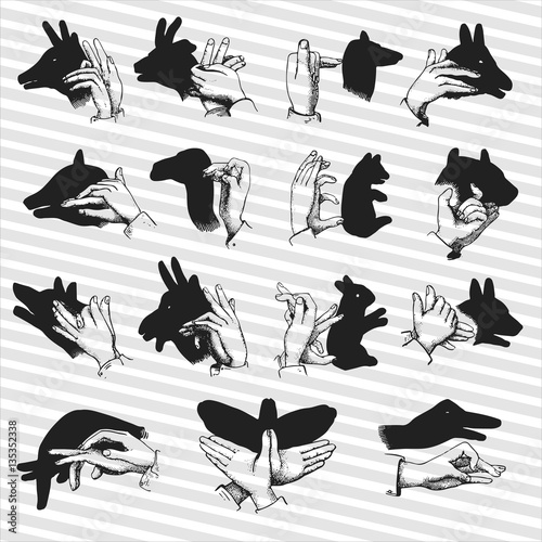 Hand shadow animal puppet vector black and white illustration