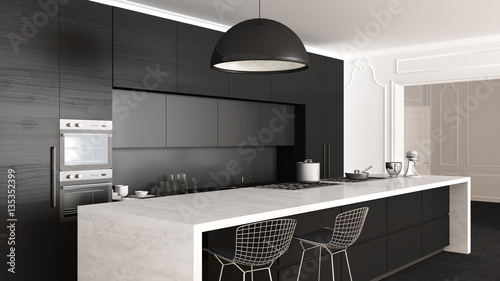 Classic kitchen, minimalistic interior design, close up photo