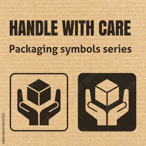 HANDLE WITH CARE packaging symbol on a corrugated cardboard background. For use on cardboard boxes, packages and parcels. EPS10 vector illustration