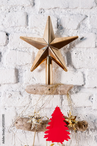 chirstmas ornaments with brcik wall photo