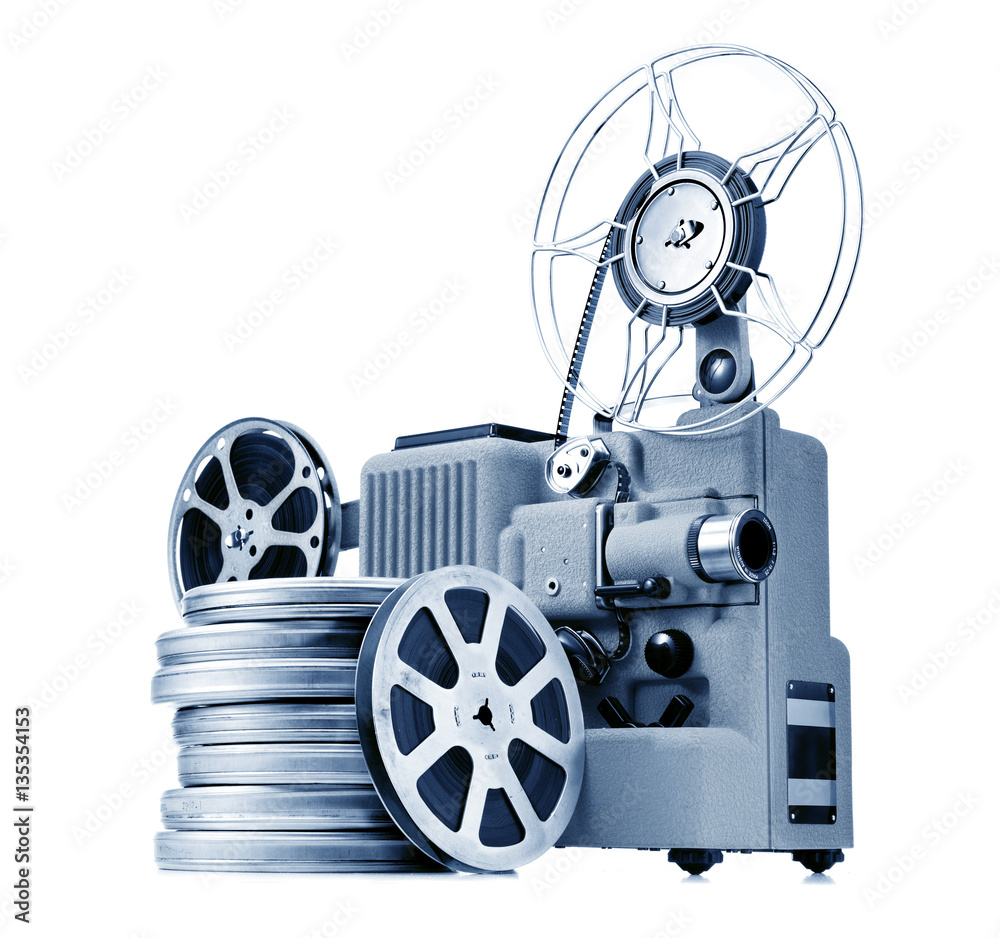 vintage movie projector with film reels,blue image Stock Illustration