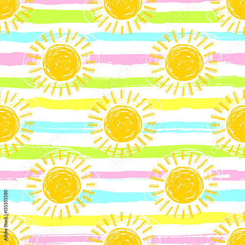 Sun pattern seamless, spring striped background. Hand drawn yellow sunshine icons. Cute hand-drawn summer symbols, Vector sketch