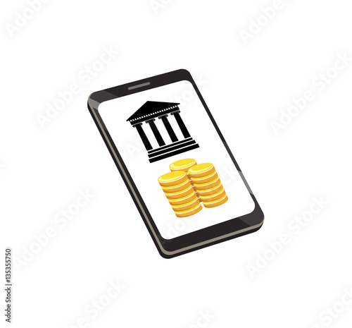 Vector image of a smartphone with a bank symbol and coins 
