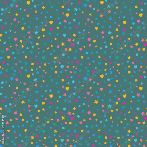 Modern Abstract Vector Confetti Background. Seamless colorful .square, heart and star pattern. EPS 10 stock festive fun repeat for your design projects, textile, wrapping, wallpaper, web.