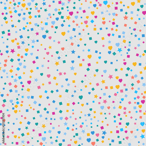 Modern Abstract Vector Confetti Background. Seamless colorful .square, heart and star pattern. EPS 10 stock festive fun repeat for your design projects, textile, wrapping, wallpaper, web.
