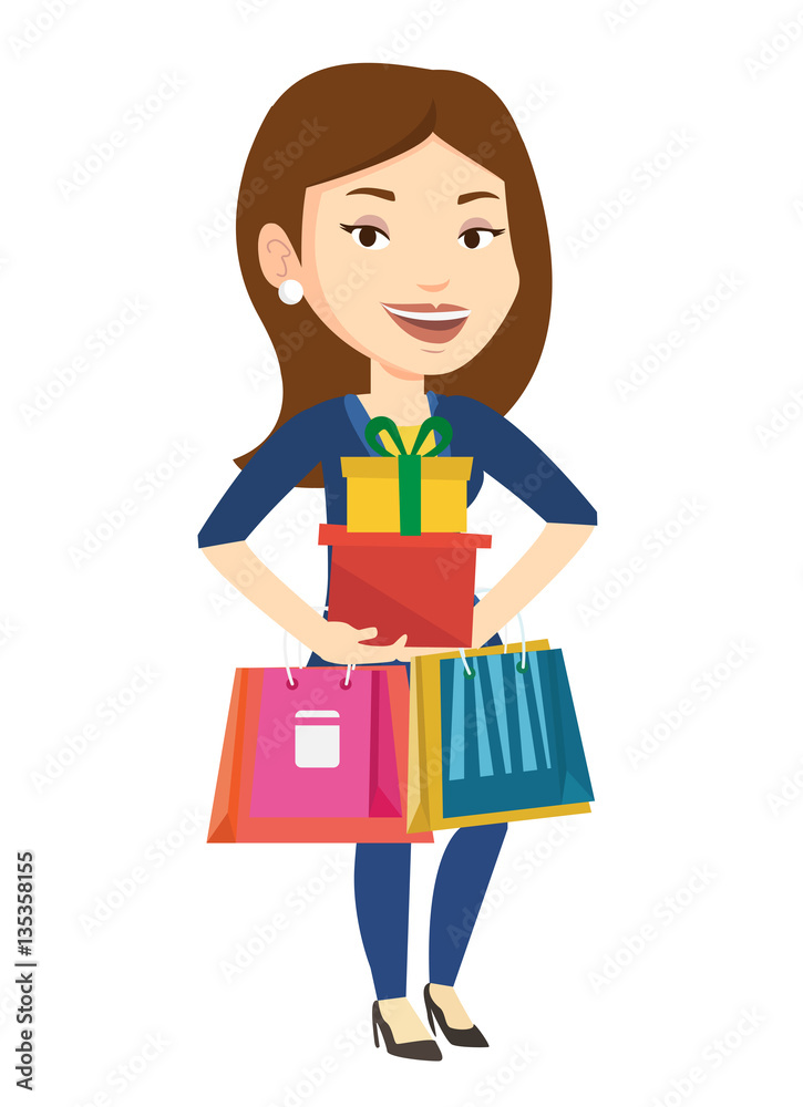 Happy woman holding shopping bags and gift boxes. Happy woman holding shopping bags and gift boxes.