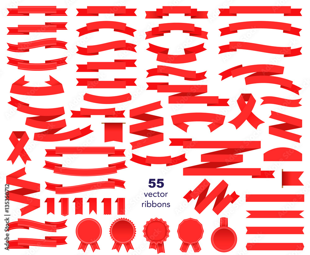 Set of red ribbons and round sticker. Paper scrolls. Red ribbon vector icon on white background. Sticker and decoration for app and web. Label, badge and borders collection.