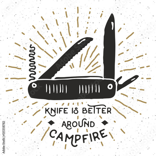 Vintage label, Hand drawn Multifunctional pocket knife, grunge textured hiking and camping equipment tool, retro badge or T-shirt typography design with sunrays, vector illustration.