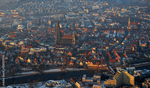 Aerial view  of foggy Ulm  south germany on a sunny winter day
