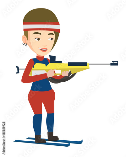 Cheerful biathlon runner aiming at the target.