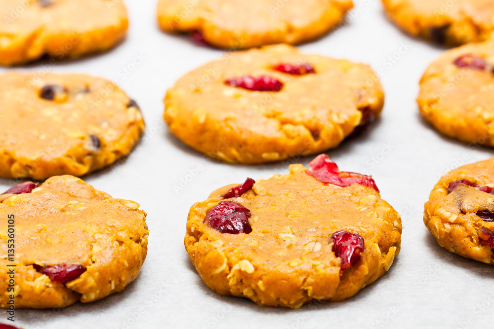 Homemade pumpkin cookies on a tray Homemade pumpkin cookies on a tray