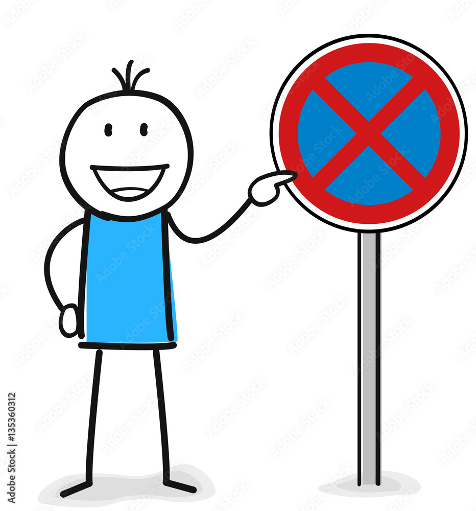 Figur zeigt freundlich auf das absolute Halte und Parkverbot Schild