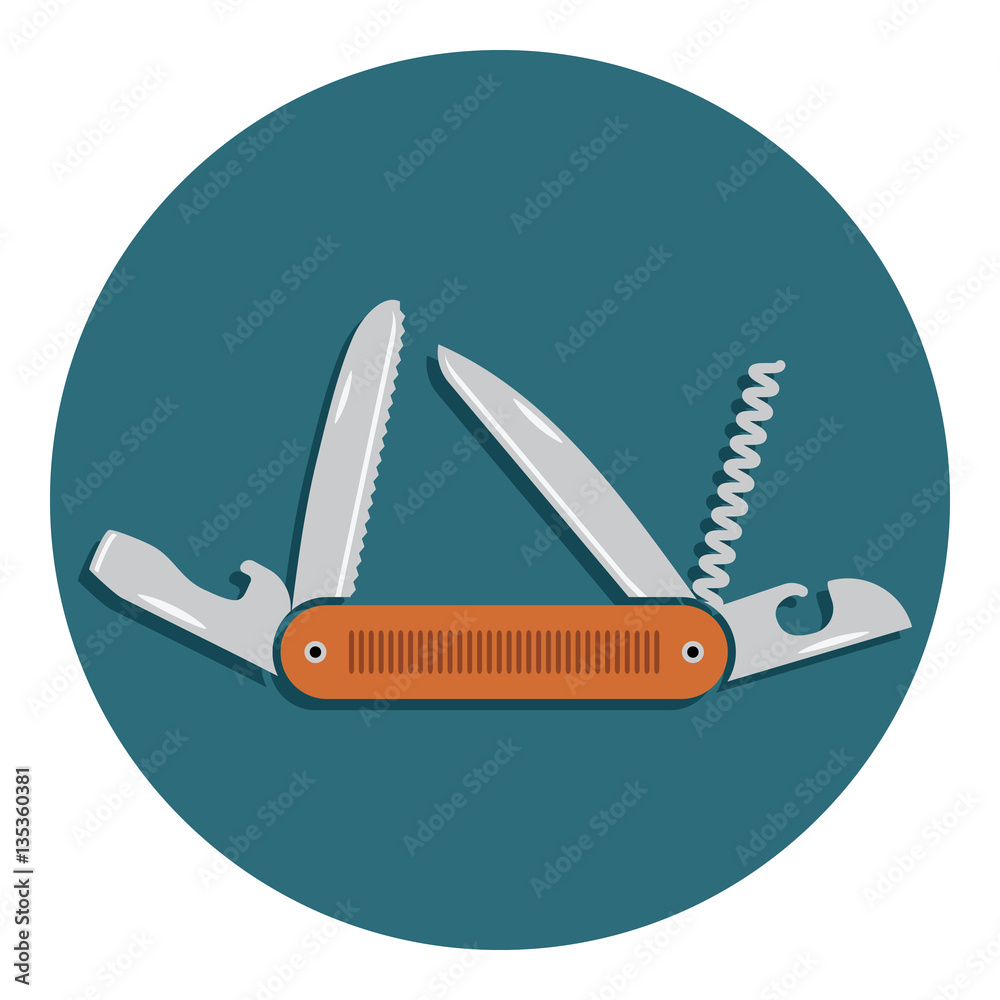 Multifunctional pocket knife icon. Flat design of hiking and camping equipment tool, vector illustration with long shadow Multifunctional pocket knife icon. Flat design of hiking and camping equipment tool, vector illustration with long shadow