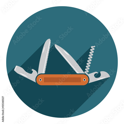 Multifunctional pocket knife icon. Flat design of hiking and camping equipment tool, vector illustration with long shadow
